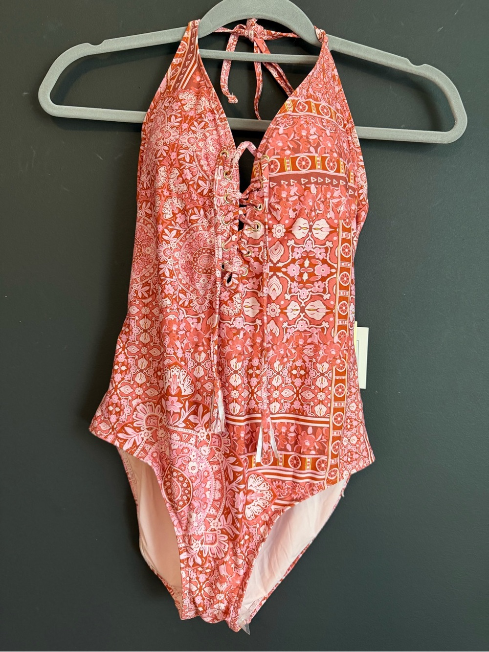 Onshore Red BOHO Lace-Up One-Piece Swimsuit With Tassles. NWT. Size 14
